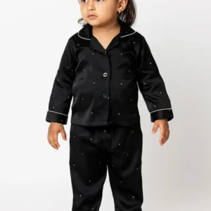 Kids Black Silk White Dots Nightwear